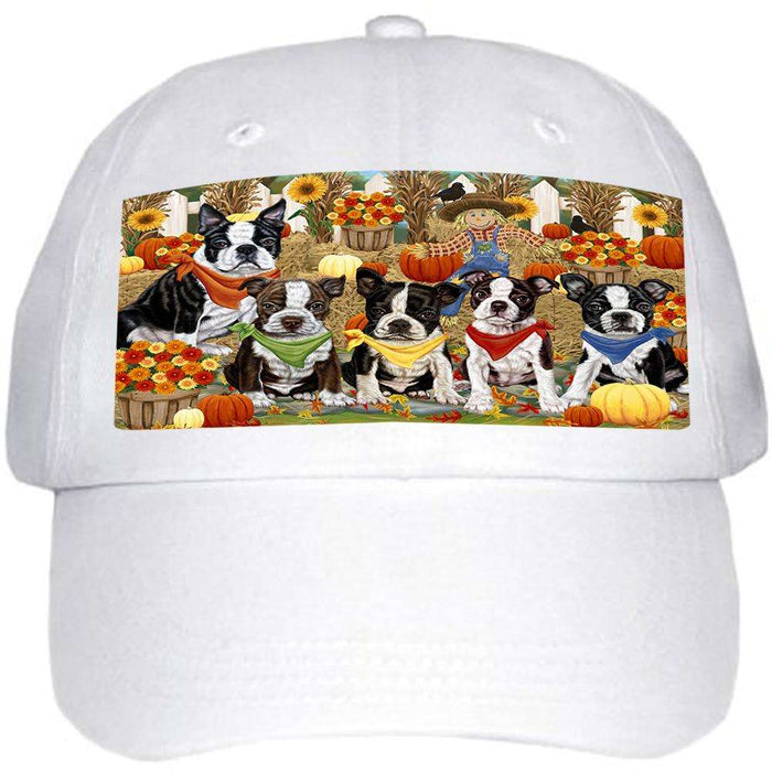 Fall Festive Gathering Boston Terriers Dog with Pumpkins Ball Hat Cap HAT55617