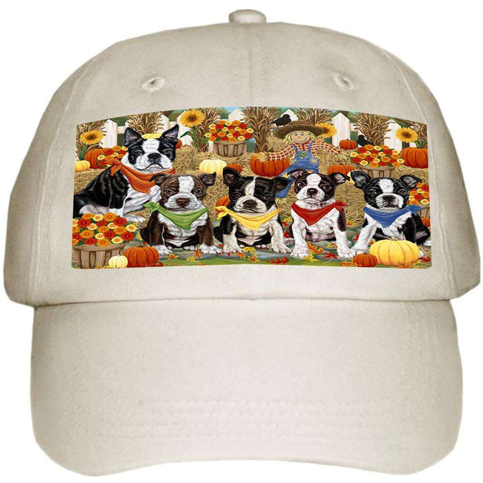 Fall Festive Gathering Boston Terriers Dog with Pumpkins Ball Hat Cap HAT55617