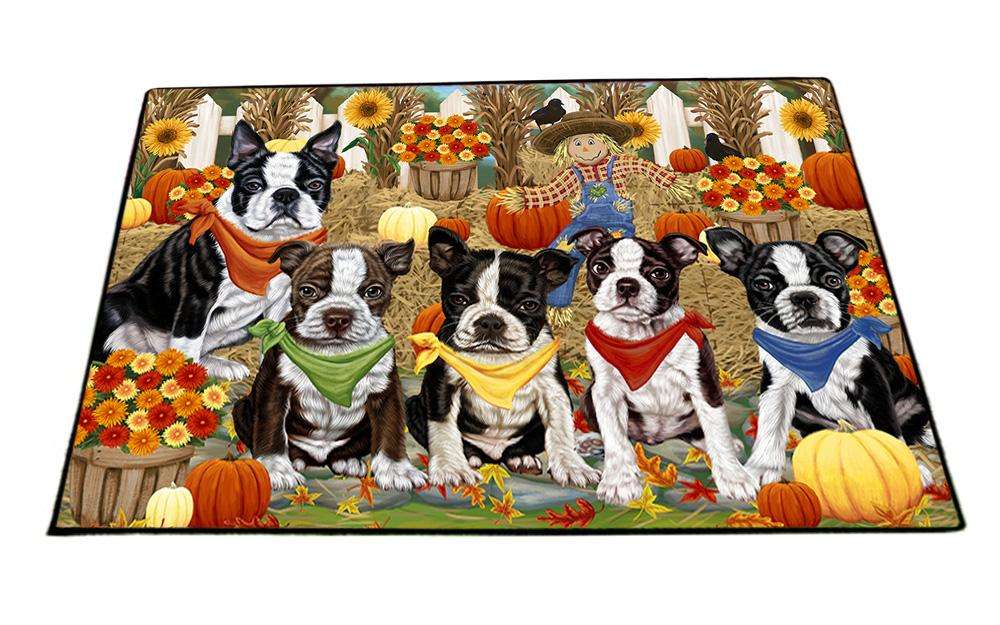 Fall Festive Gathering Boston Terriers Dog with Pumpkins Floormat FLMS50676