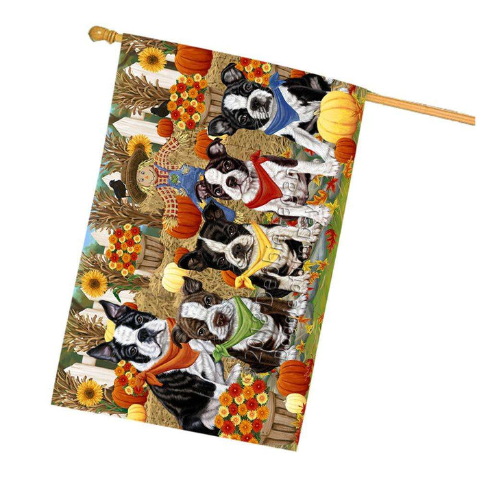 Fall Festive Gathering Boston Terriers Dog with Pumpkins House Flag FLG50645