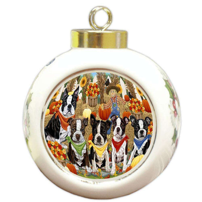 Fall Festive Gathering Boston Terriers Dog with Pumpkins Round Ball Christmas Ornament RBPOR50616
