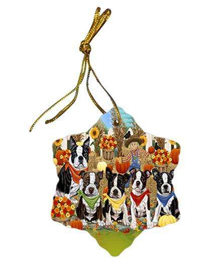 Fall Festive Gathering Boston Terriers Dog with Pumpkins Star Porcelain Ornament SPOR50608