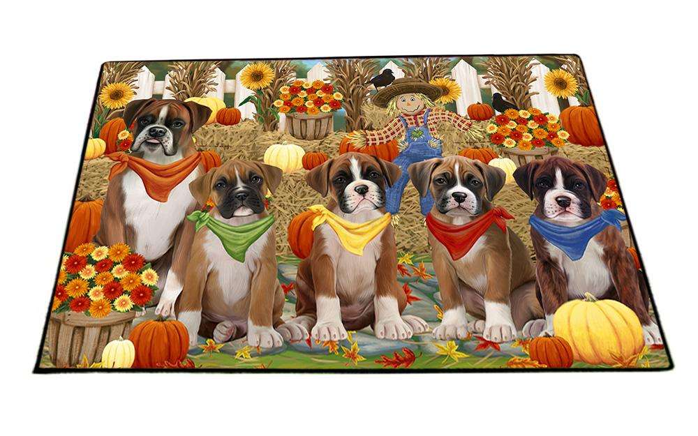 Fall Festive Gathering Boxers Dog with Pumpkins Floormat FLMS50679