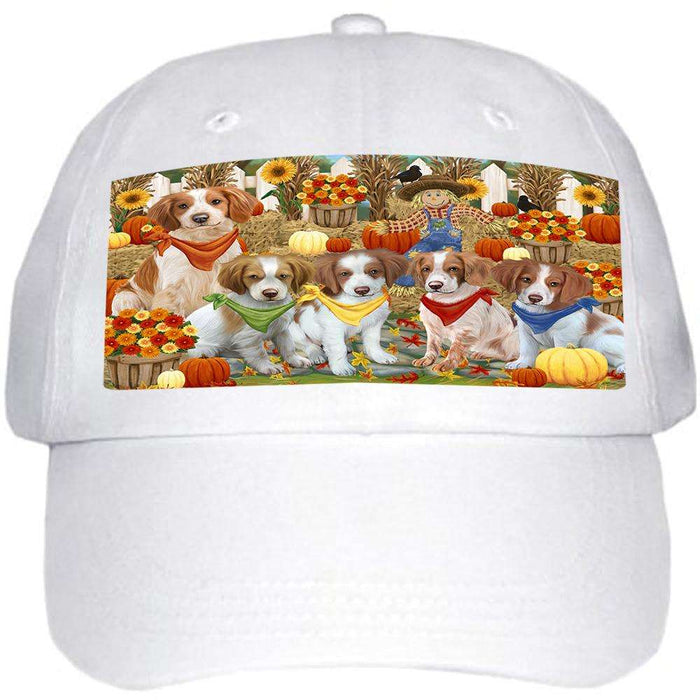 Fall Festive Gathering Brittany Spaniels Dog with Pumpkins Ball Hat Cap HAT55623