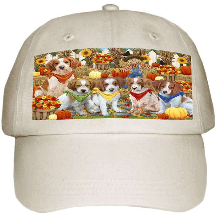 Fall Festive Gathering Brittany Spaniels Dog with Pumpkins Ball Hat Cap HAT55623