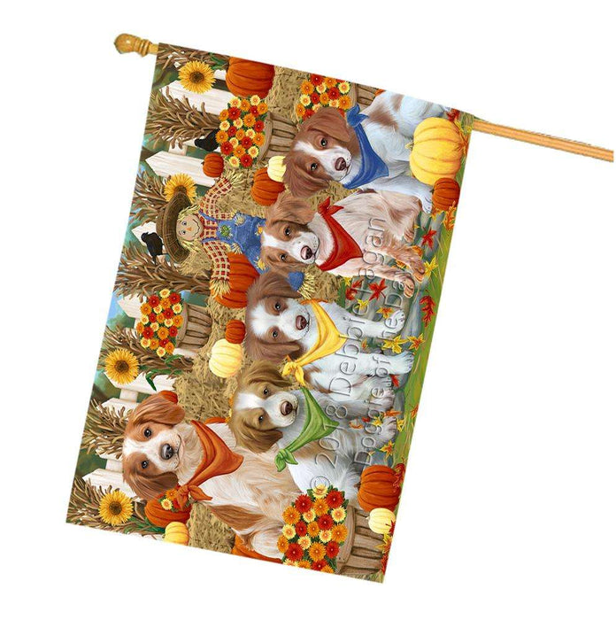 Fall Festive Gathering Brittany Spaniels Dog with Pumpkins House Flag FLG50647