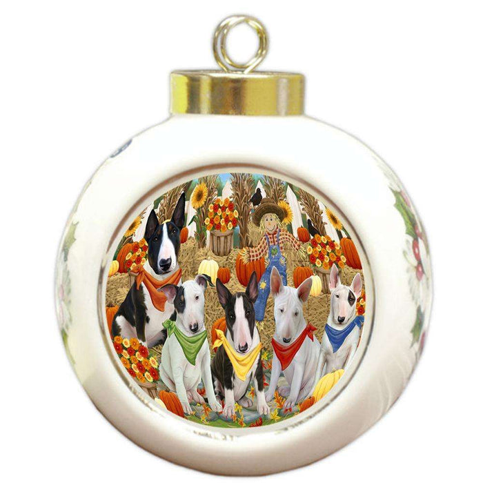 Fall Festive Gathering Bull Terriers Dog with Pumpkins Round Ball Christmas Ornament RBPOR50619