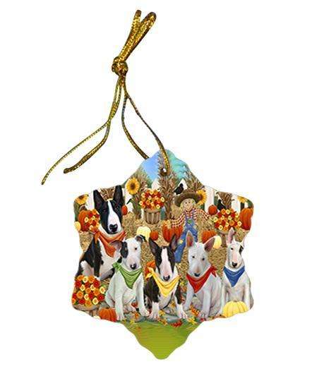 Fall Festive Gathering Bull Terriers Dog with Pumpkins Star Porcelain Ornament SPOR50611