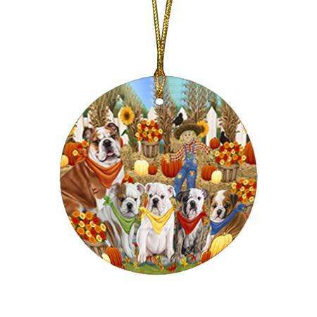 Fall Festive Gathering Bulldogs with Pumpkins Round Flat Christmas Ornament RFPOR50611