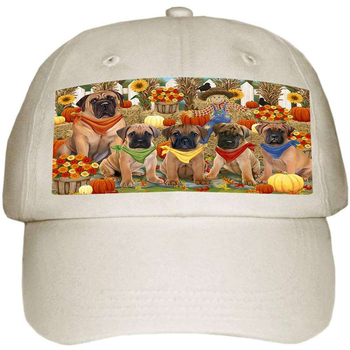 Fall Festive Gathering Bullmastiffs Dog with Pumpkins Ball Hat Cap HAT55632