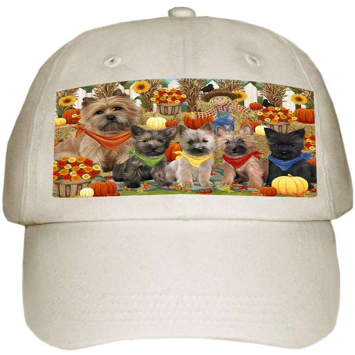 Fall Festive Gathering Cairn Terriers Dog with Pumpkins Ball Hat Cap HAT55635