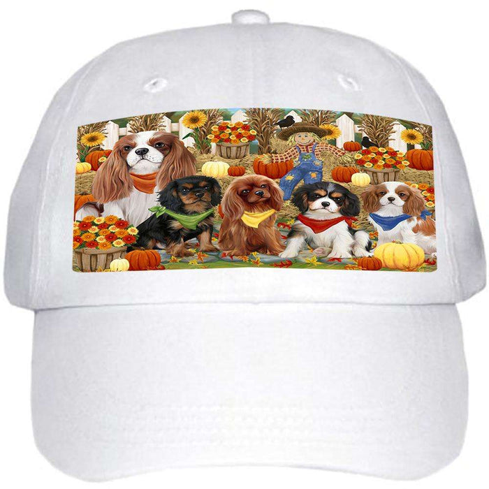 Fall Festive Gathering Cavalier King Charles Spaniels Dog with Pumpkins Ball Hat Cap HAT55638