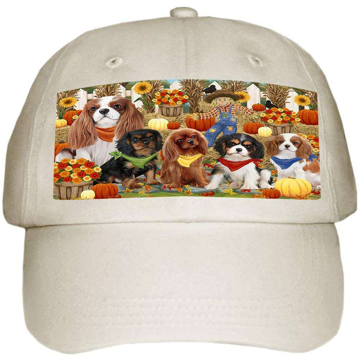 Fall Festive Gathering Cavalier King Charles Spaniels Dog with Pumpkins Ball Hat Cap HAT55638