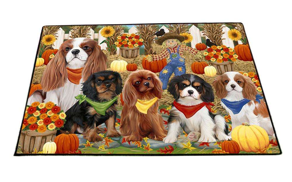 Fall Festive Gathering Cavalier King Charles Spaniels Dog with Pumpkins Floormat FLMS50697