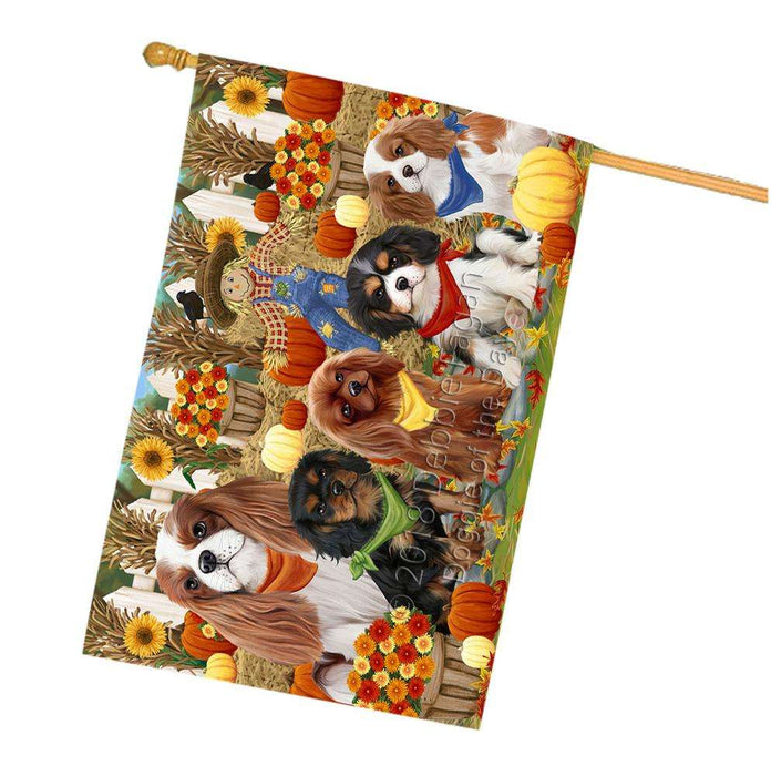 Fall Festive Gathering Cavalier King Charles Spaniels Dog with Pumpkins House Flag FLG50652