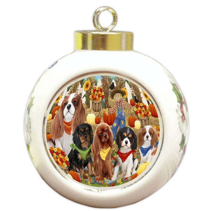 Fall Festive Gathering Cavalier King Charles Spaniels Dog with Pumpkins Round Ball Christmas Ornament RBPOR50623