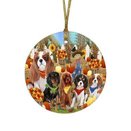 Fall Festive Gathering Cavalier King Charles Spaniels Dog with Pumpkins Round Flat Christmas Ornament RFPOR50614