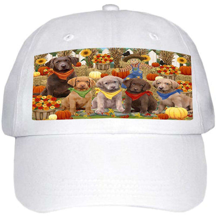 Fall Festive Gathering Chesapeake Bay Retrievers Dog with Pumpkins Ball Hat Cap HAT55641