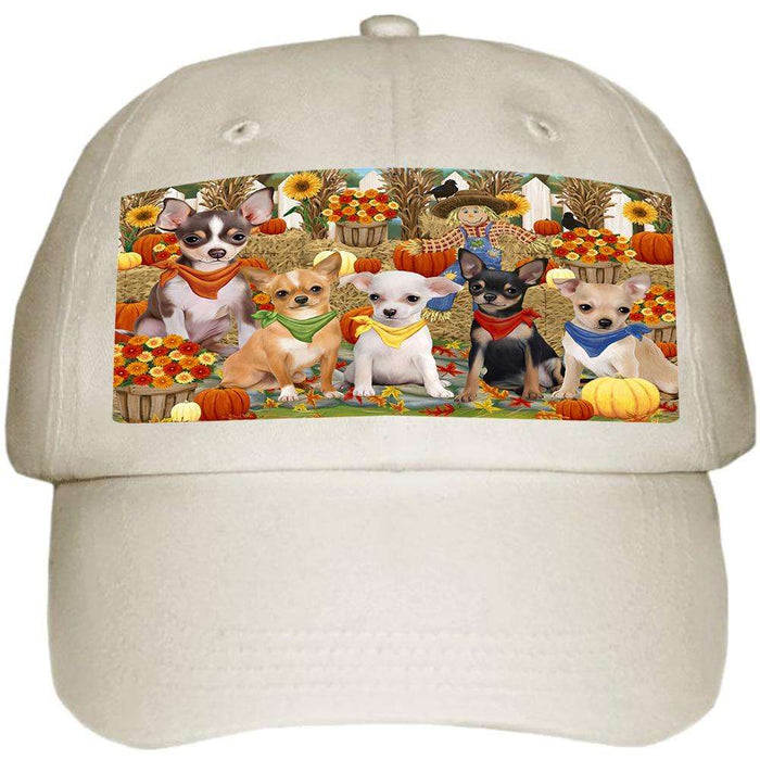 Fall Festive Gathering Chihuahuas Dog with Pumpkins Ball Hat Cap HAT55644