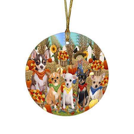 Fall Festive Gathering Chihuahuas Dog with Pumpkins Round Flat Christmas Ornament RFPOR50616