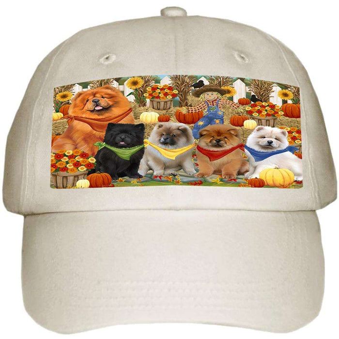 Fall Festive Gathering Chow Chows Dog with Pumpkins Ball Hat Cap HAT55647