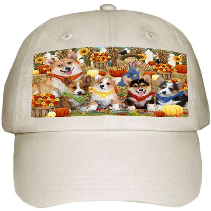 Fall Festive Gathering Corgis Dog with Pumpkins Ball Hat Cap HAT55650