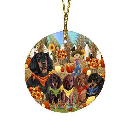 Fall Festive Gathering Dachshunds Dog with Pumpkins Round Flat Christmas Ornament RFPOR50619