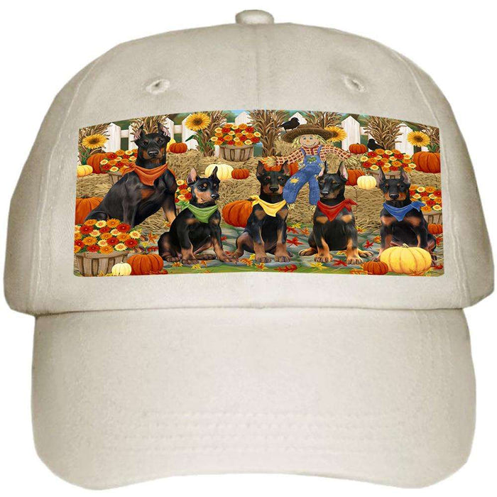 Fall Festive Gathering Doberman Pinschers Dog with Pumpkins Ball Hat Cap HAT55659