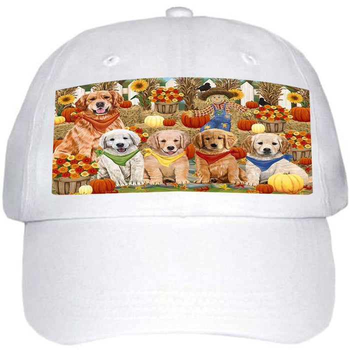 Fall Festive Gathering Golden Retrievers Dog with Pumpkins Ball Hat Cap HAT55668