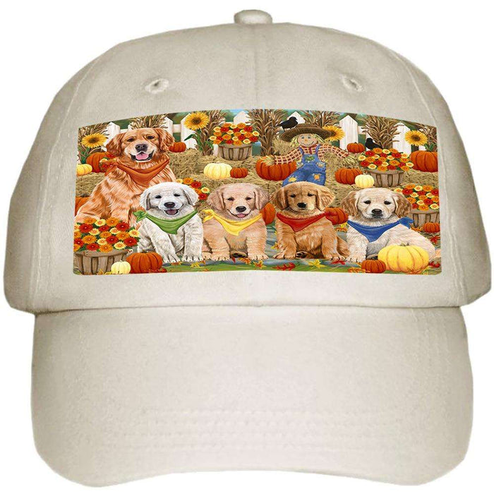 Fall Festive Gathering Golden Retrievers Dog with Pumpkins Ball Hat Cap HAT55668