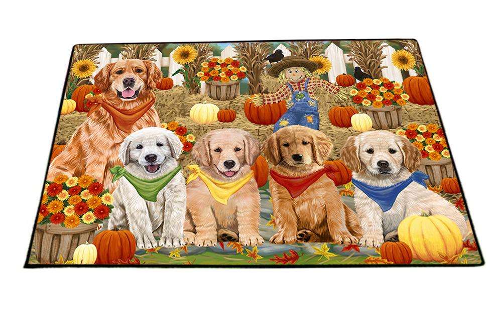 Fall Festive Gathering Golden Retrievers Dog with Pumpkins Floormat FLMS50727