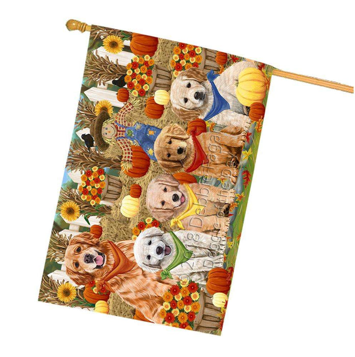 Fall Festive Gathering Golden Retrievers Dog with Pumpkins House Flag FLG50662