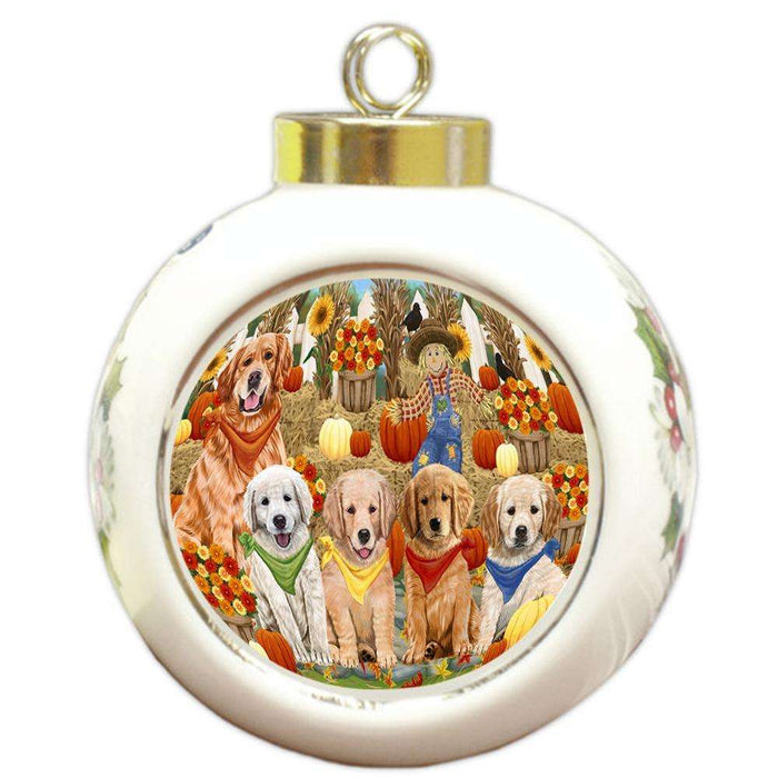 Fall Festive Gathering Golden Retrievers Dog with Pumpkins Round Ball Christmas Ornament RBPOR50633