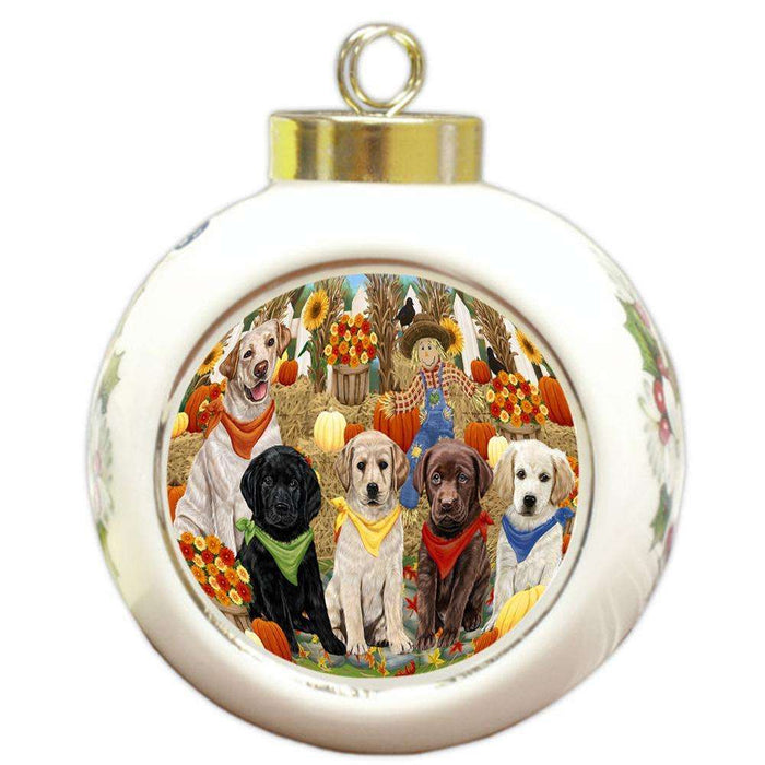 Fall Festive Gathering Labrador Retrievers Dog with Pumpkins Round Ball Christmas Ornament RBPOR50637