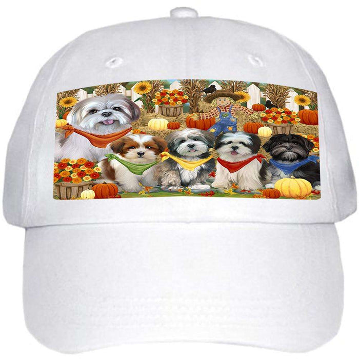 Fall Festive Gathering Lhasa Apsos Dog with Pumpkins Ball Hat Cap HAT55683