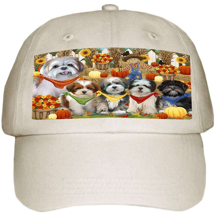 Fall Festive Gathering Lhasa Apsos Dog with Pumpkins Ball Hat Cap HAT55683