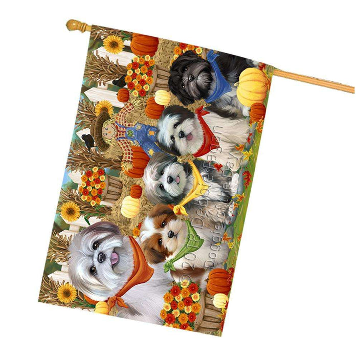 Fall Festive Gathering Lhasa Apsos Dog with Pumpkins House Flag FLG50667