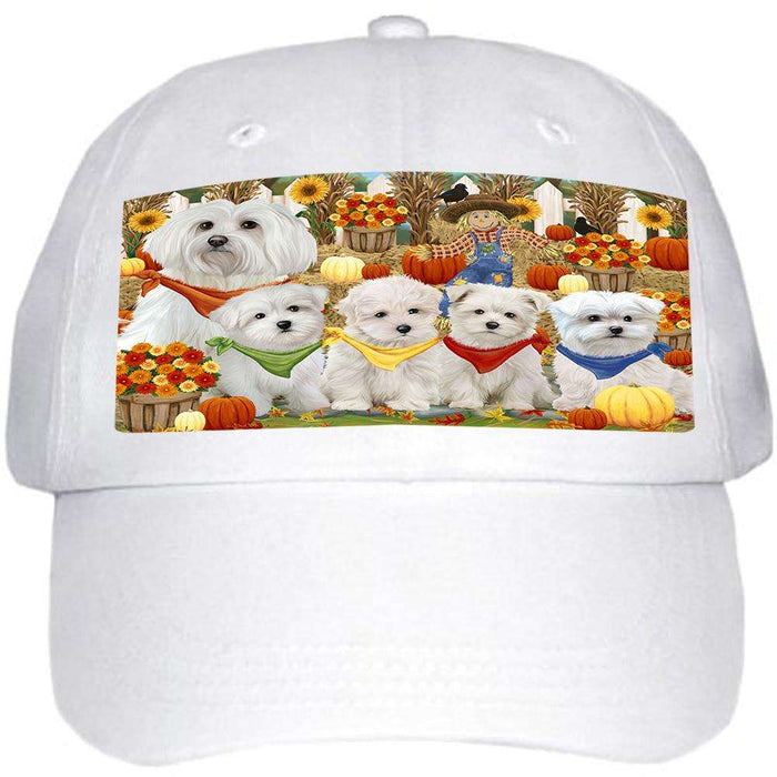 Fall Festive Gathering Malteses Dog with Pumpkins Ball Hat Cap HAT55686