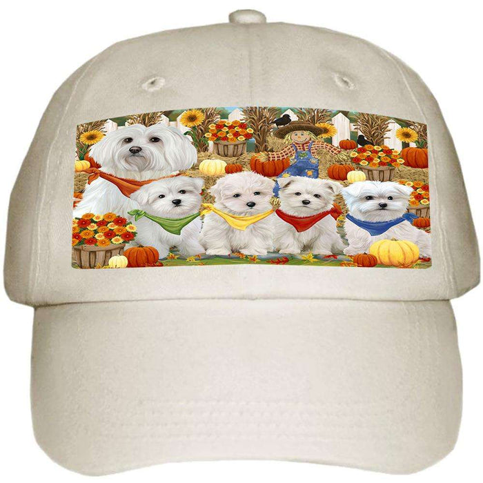 Fall Festive Gathering Malteses Dog with Pumpkins Ball Hat Cap HAT55686