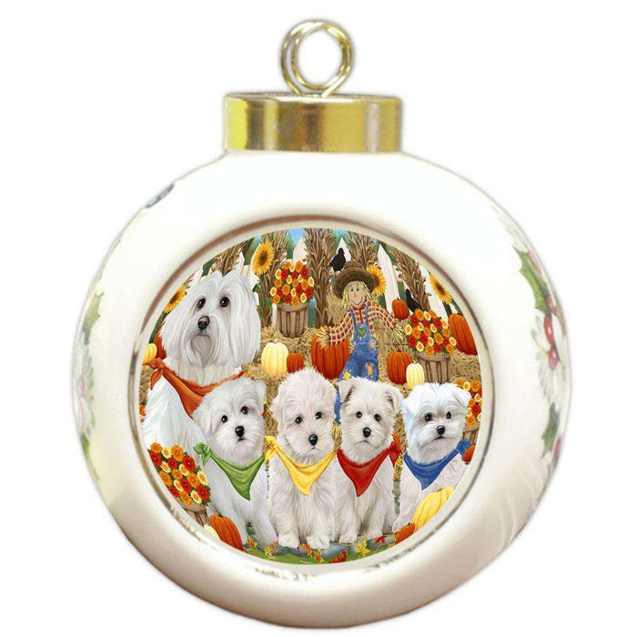 Fall Festive Gathering Malteses Dog with Pumpkins Round Ball Christmas Ornament RBPOR50639