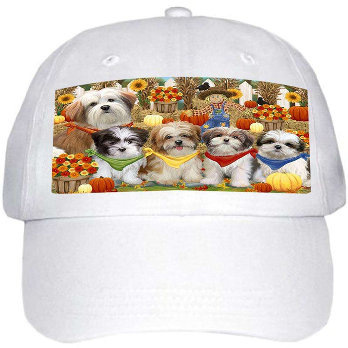 Fall Festive Gathering Malti Tzus Dog with Pumpkins Ball Hat Cap HAT55689