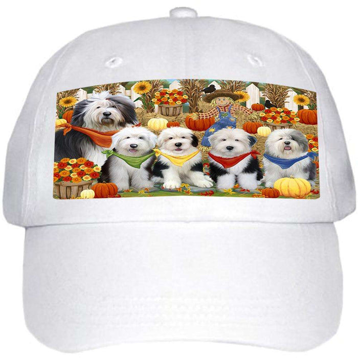 Fall Festive Gathering Old English Sheepdogs with Pumpkins Ball Hat Cap HAT55692