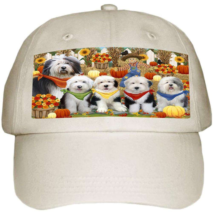 Fall Festive Gathering Old English Sheepdogs with Pumpkins Ball Hat Cap HAT55692