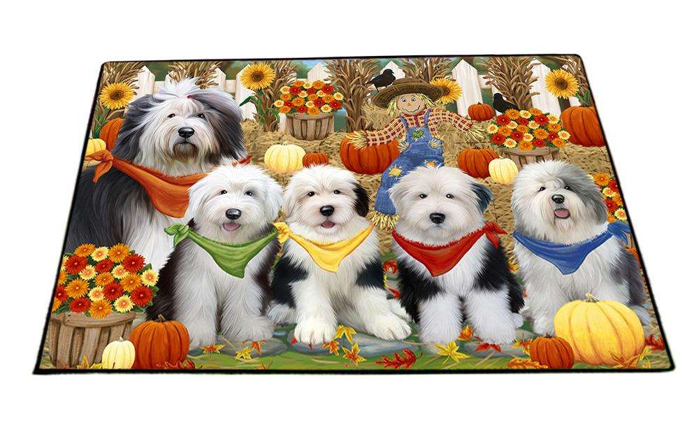 Fall Festive Gathering Old English Sheepdogs with Pumpkins Floormat FLMS50751