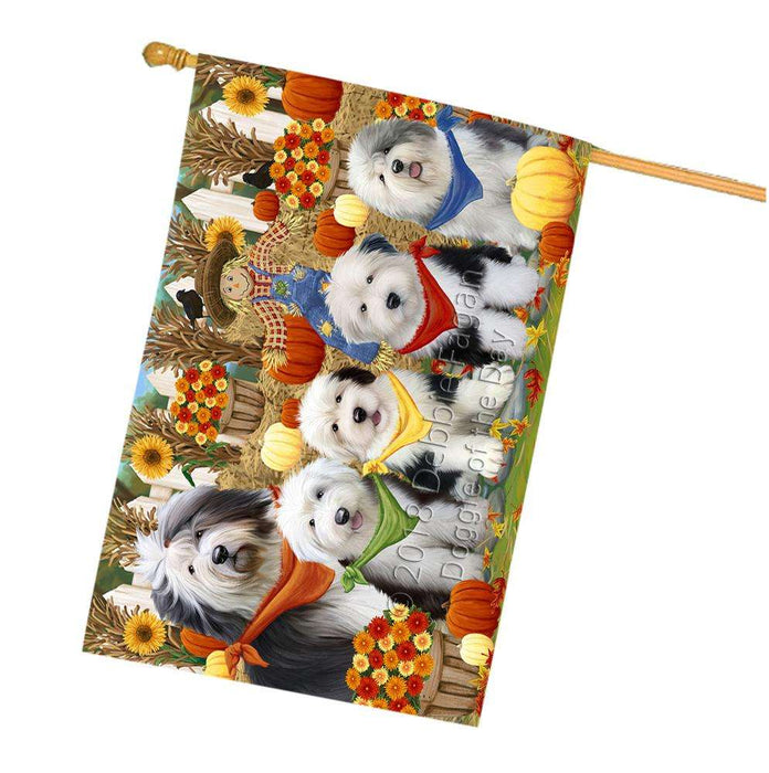 Fall Festive Gathering Old English Sheepdogs with Pumpkins House Flag FLG50670