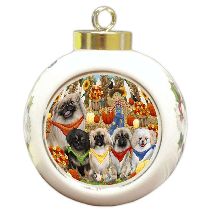 Fall Festive Gathering Pekingeses Dog with Pumpkins Round Ball Christmas Ornament RBPOR50642