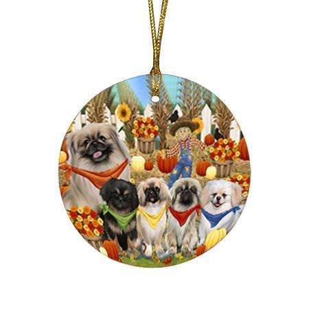 Fall Festive Gathering Pekingeses Dog with Pumpkins Round Flat Christmas Ornament RFPOR50633
