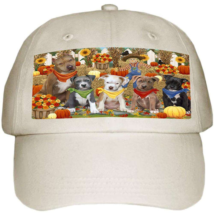 Fall Festive Gathering Pit Bulls Dog with Pumpkins Ball Hat Cap HAT56109
