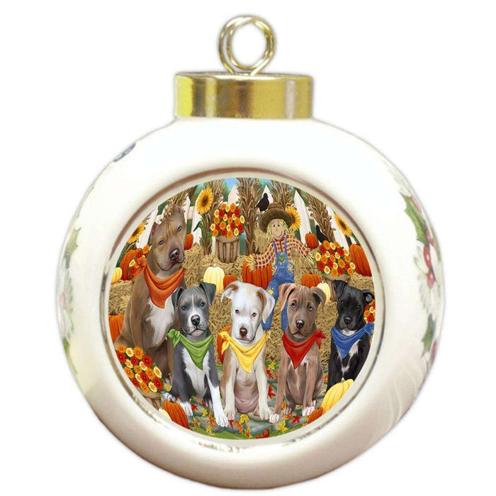 Fall Festive Gathering Pit Bulls Dog with Pumpkins Round Ball Christmas Ornament RBPOR50780