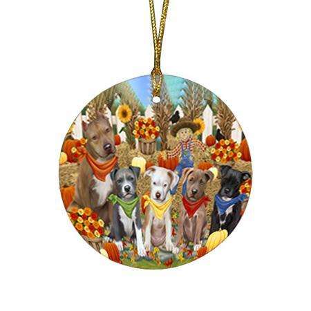 Fall Festive Gathering Pit Bulls Dog with Pumpkins Round Flat Christmas Ornament RFPOR50771